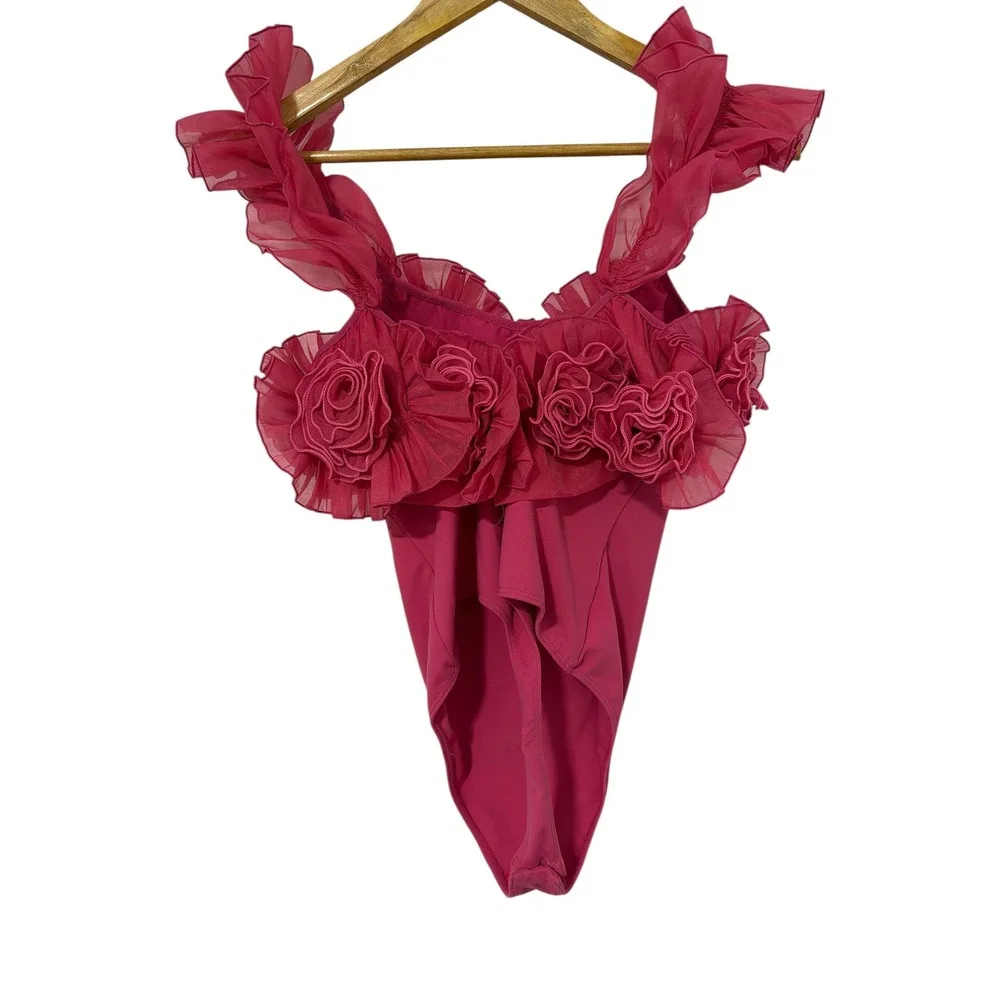 Free People Pink Rosette Ruffle Bodysuit Floral 3D Applique Fuchsia‎ Sleeveless